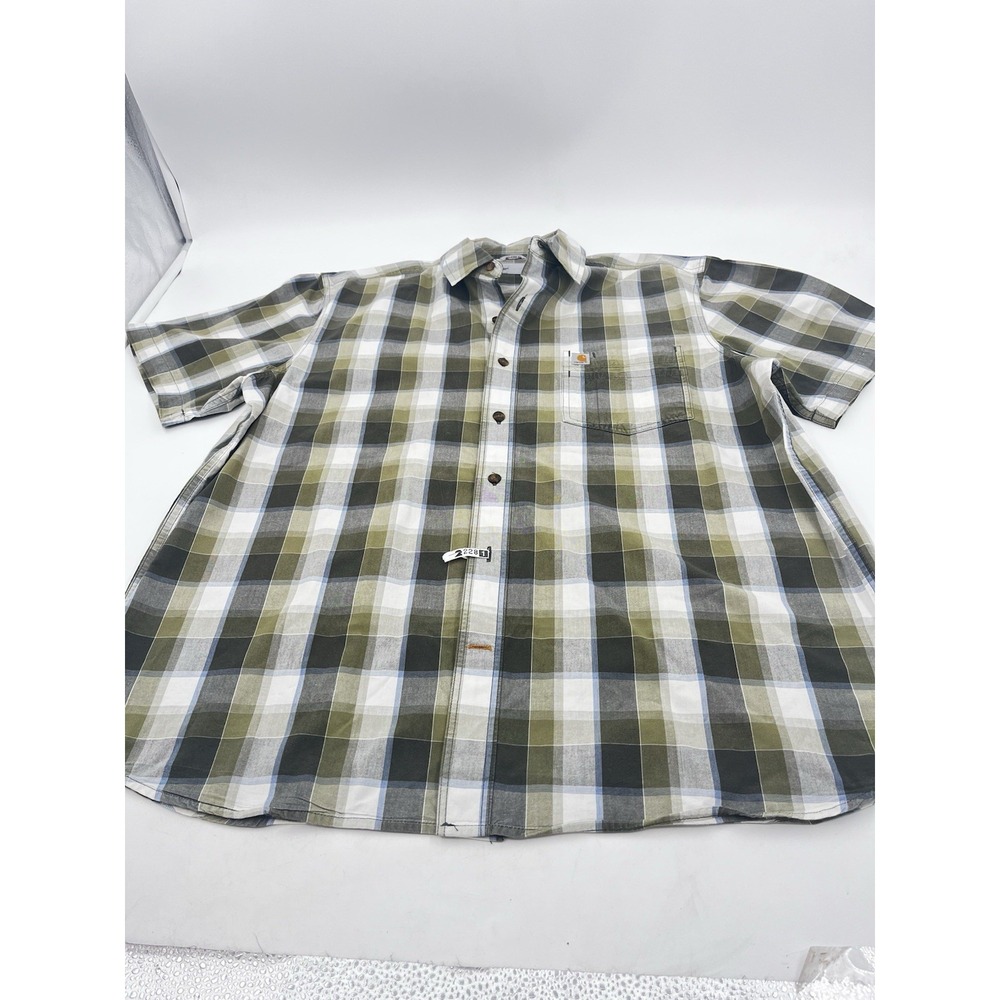 Carhartt Relaxed Fit Plaid Short Sleeve Button Down Shirt Green Size XL Regular